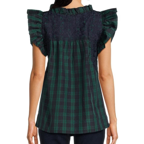 J.Marie Joyce Embroidered Ruffle Neck Cap Sleeve Plaid Top - Picture 3 of 12